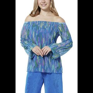Antthony Off-the-Shoulder Printed Tulle Mesh Knit Top Brushstrokes - Regular